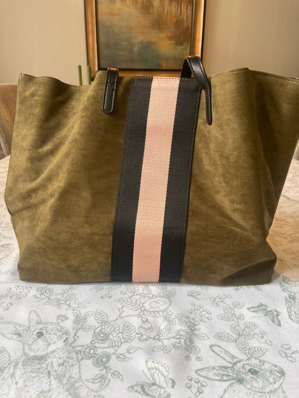 Olive Suede Tote with Black and Pink Stripe